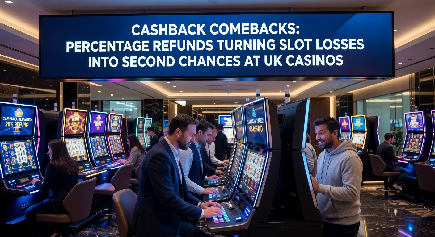 Screenshot of a UK casino dashboard displaying a 15% cashback credit after a slot session, with coins stacking up