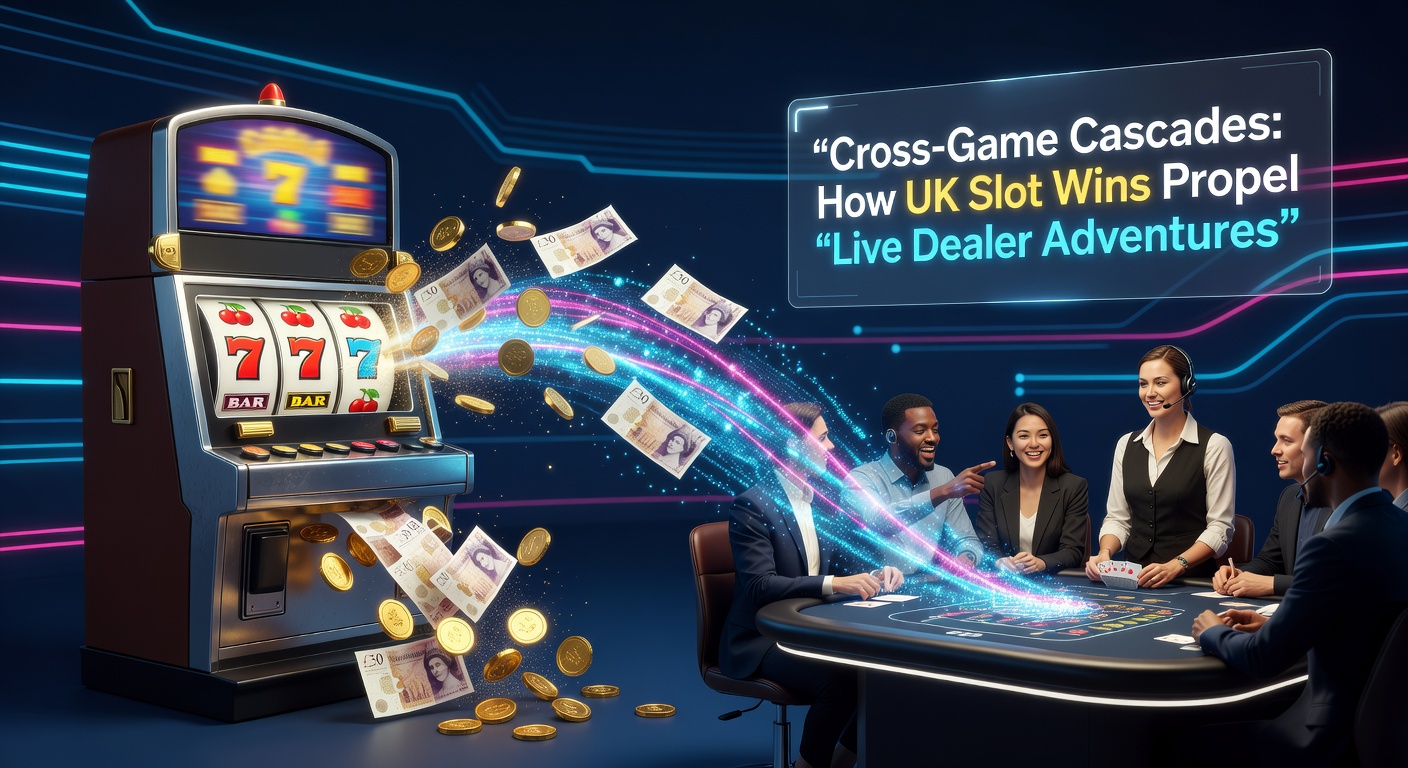 Live dealer at a roulette table with glowing slot win notifications overlaying the screen, showing funds cascading from reels to wheel bets in a UK casino interface