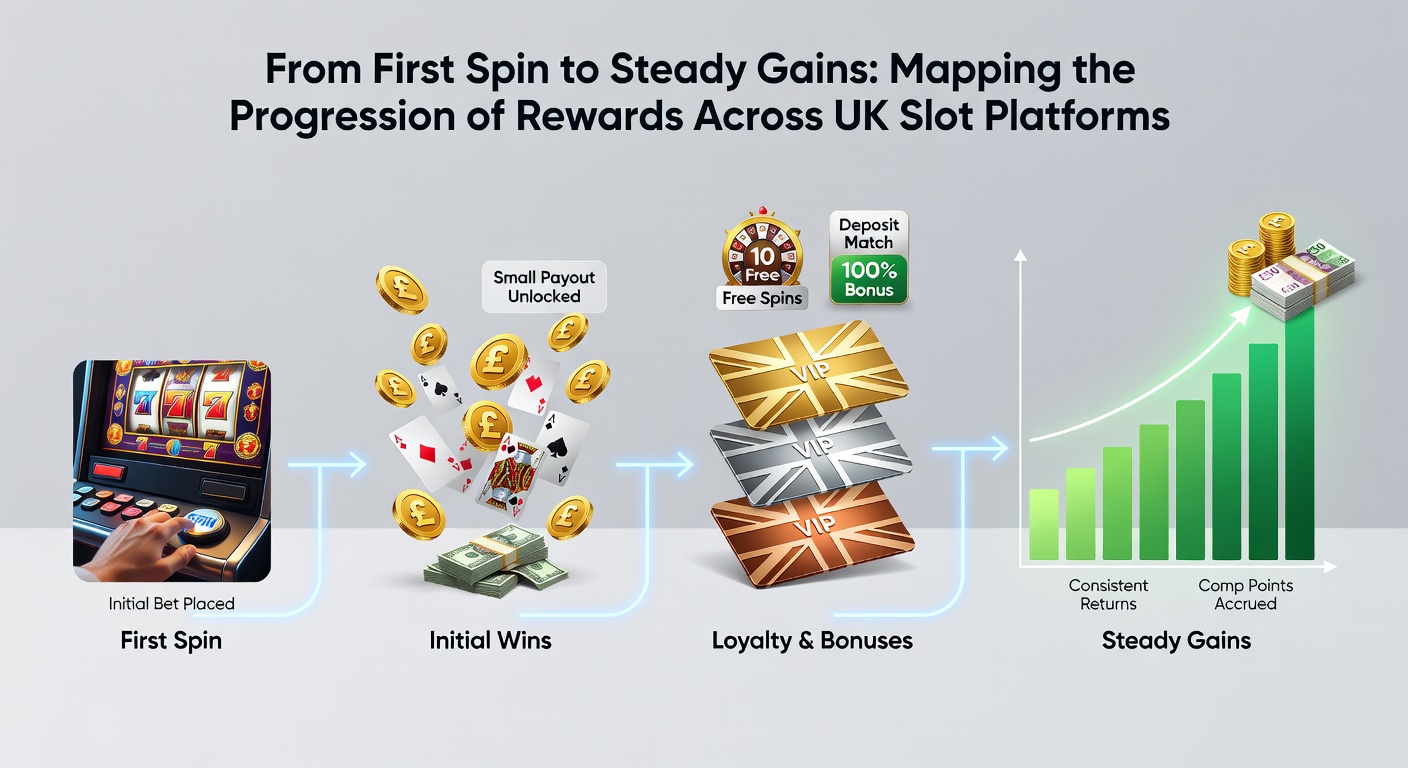 Infographic-style chart illustrating loyalty tiers from bronze to platinum, with rising reward values and player progression arrows across UK slot platforms
