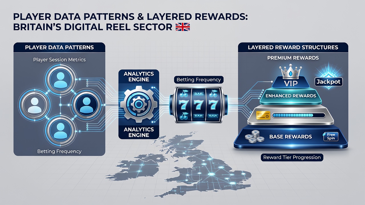 Infographic illustrating how analytics link player sessions to escalating bonus layers on UK slot sites