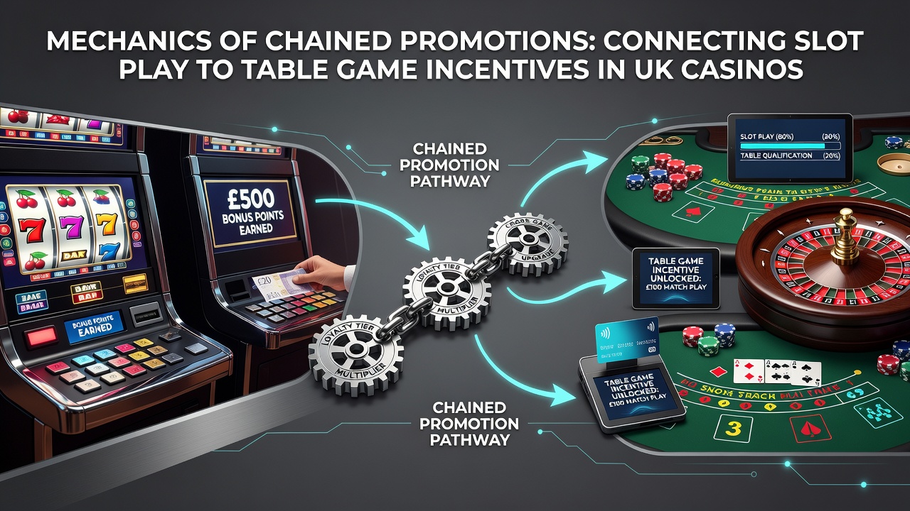 Casino floor layout illustrating player movement from slot banks to table game pits during chained promotions