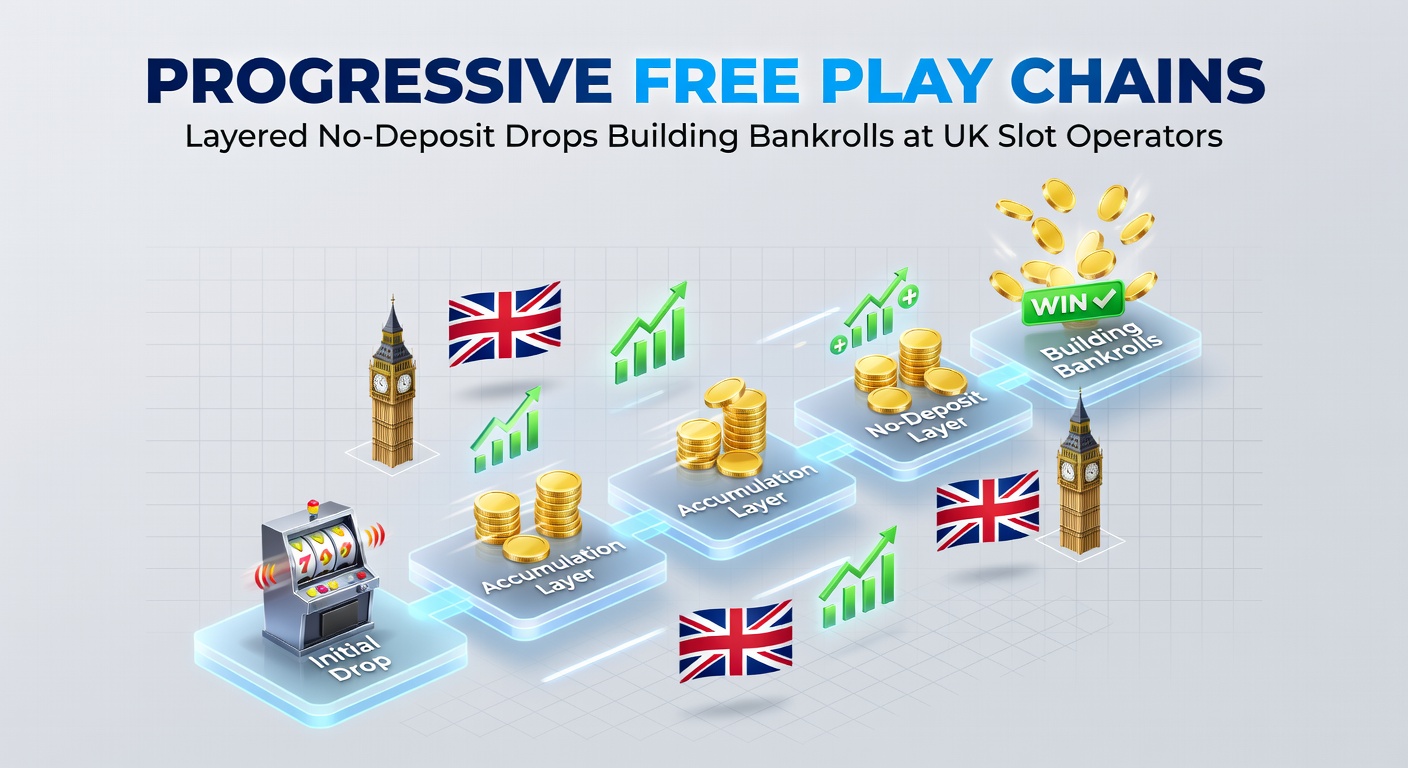 Screenshot of a progressive free play chain dashboard on a UK slot site, displaying layered drops from 10 spins to £50 bankroll buildup with unlock progress bars