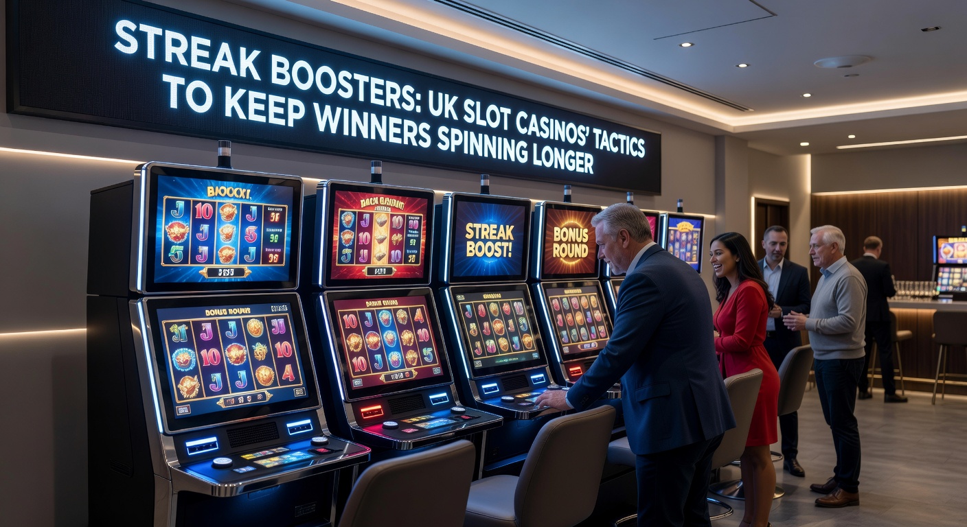 Screenshot of a UK slot interface displaying an active streak booster bar filling with win icons and reward previews