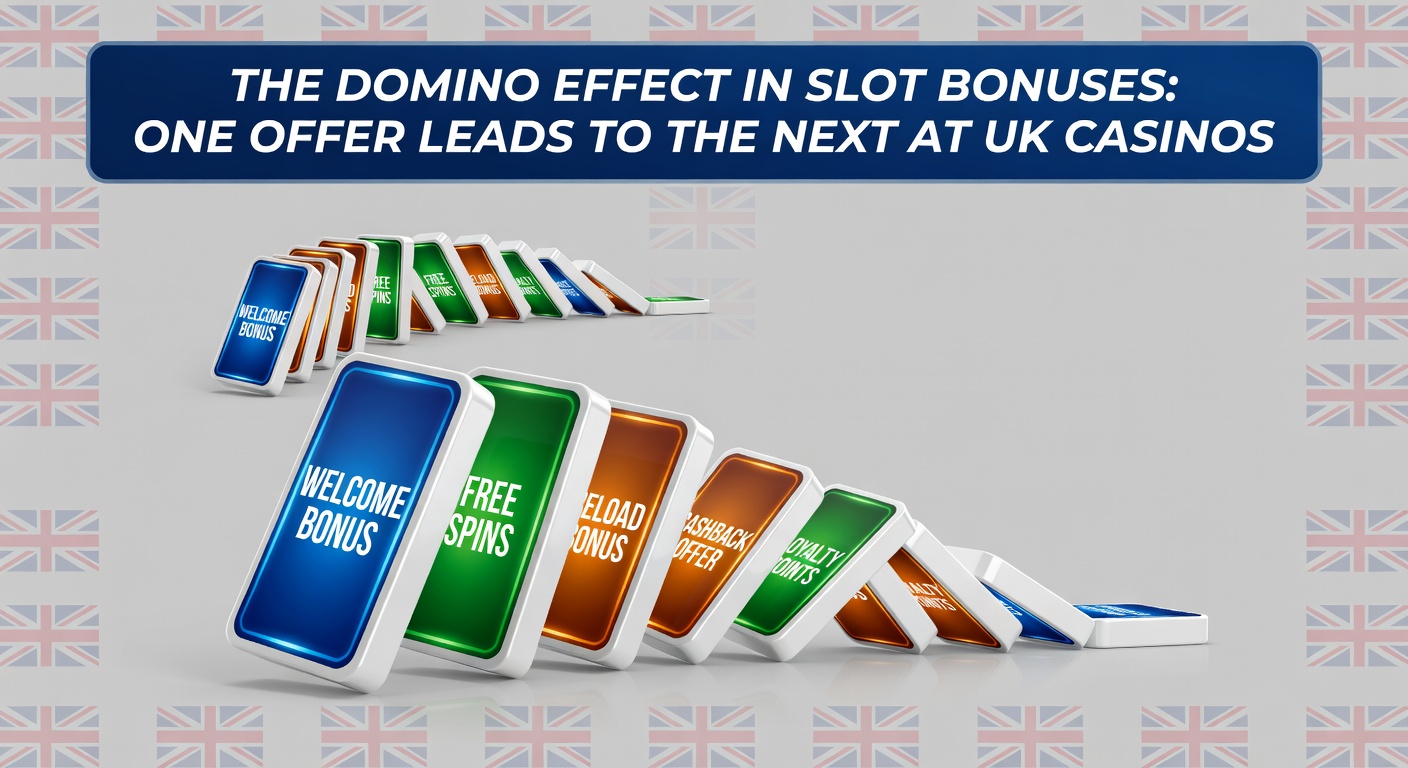 Domino tiles falling in a chain reaction, each marked with slot bonus icons like free spins and cash matches, symbolizing sequential promotions